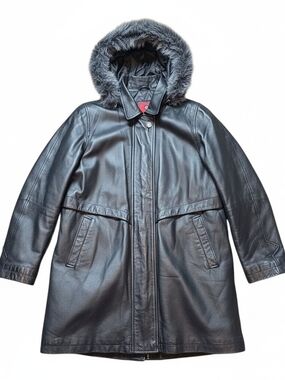 MARC MATTIS‎ | Black Leather Penny Lane 90s Boho Trench Coat Faux Fur Hood | XL